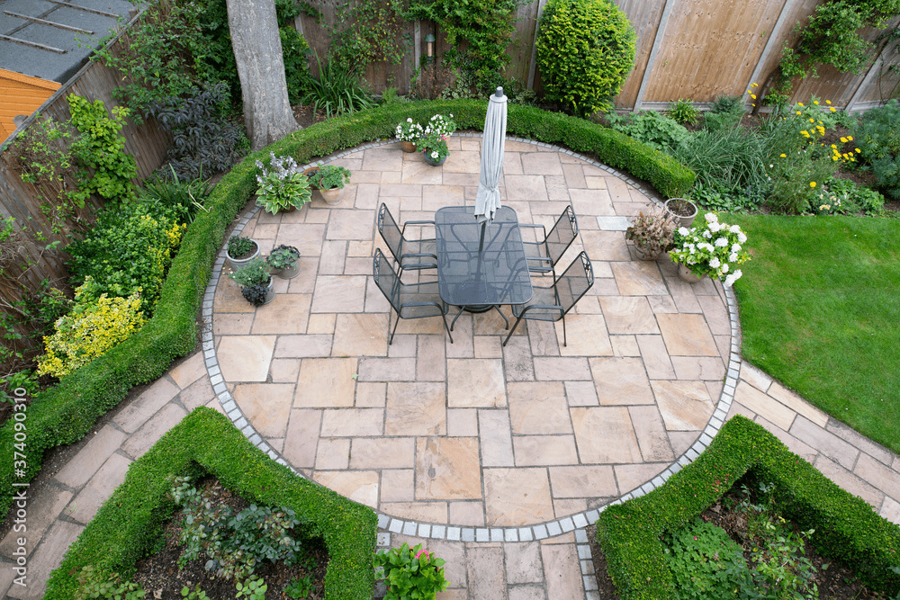 Herringbone paver patio with fire pit