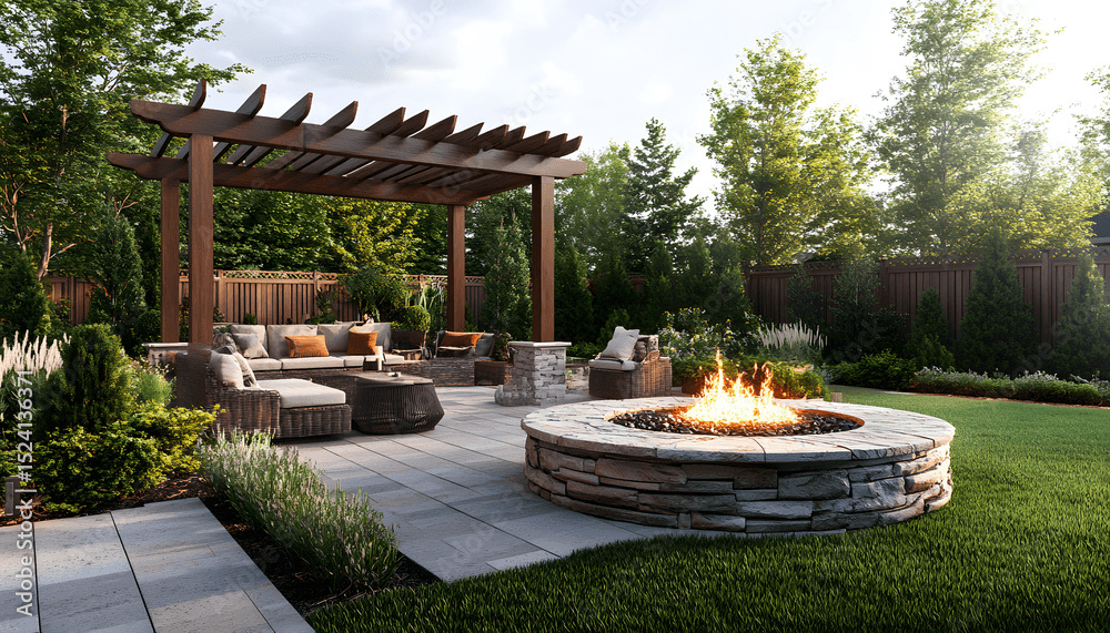Pergola with fire pit and outdoor seating