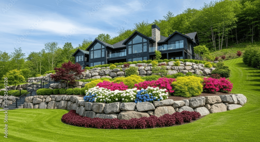 Tiered garden with stone retaining walls